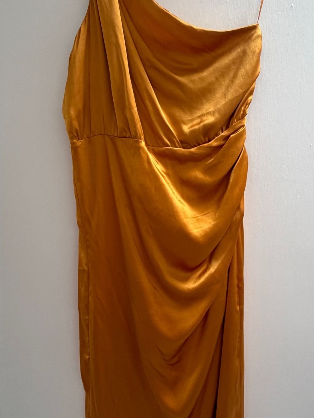Anthropologie One-Shoulder Satin Dress in Mustard Gold